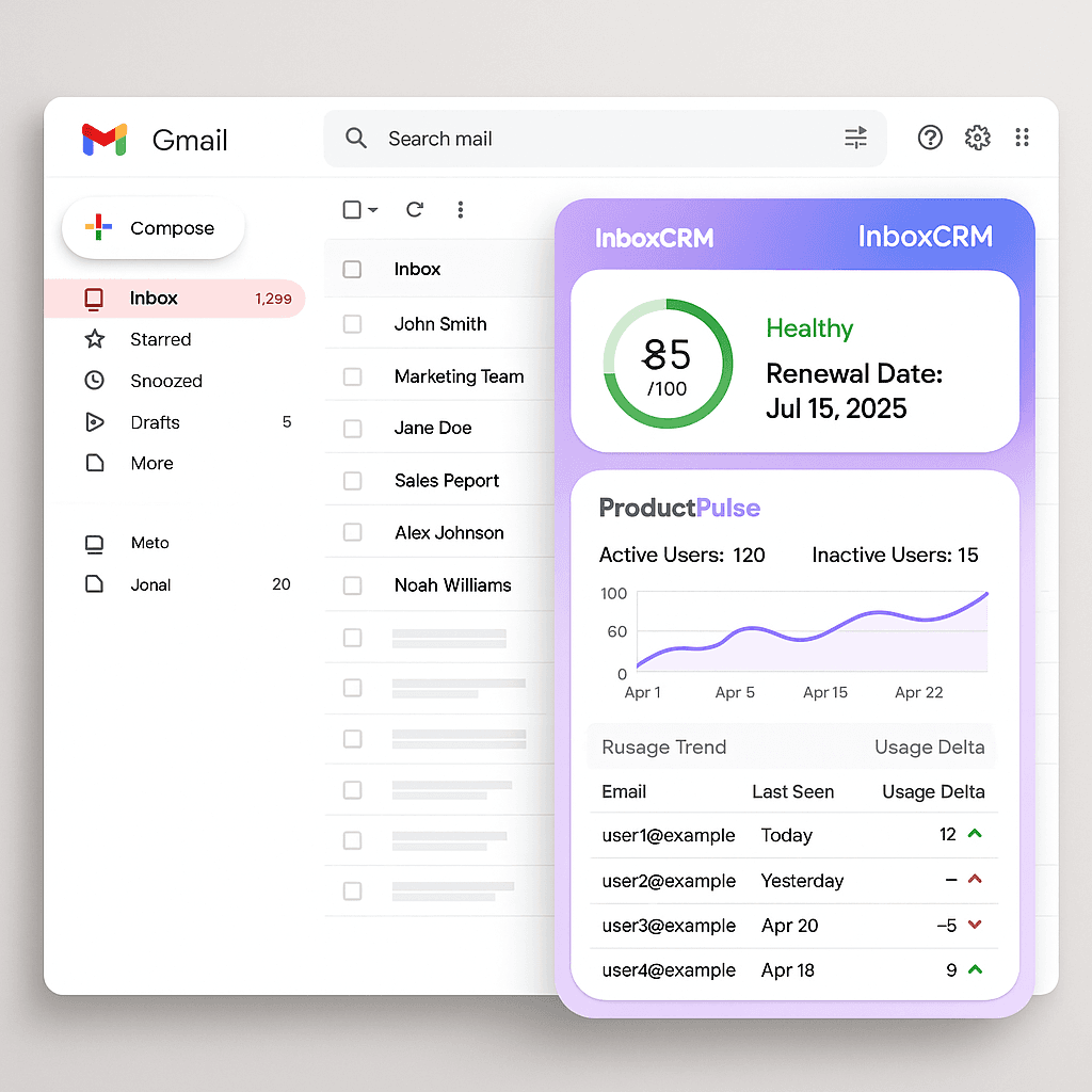 Consultant's Gmail sidebar showing active projects, deliverable dates, and proposal status